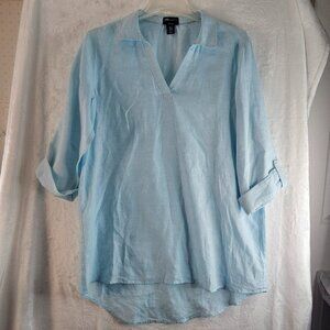 Jones New York 100% Linen Blue Tunic Shirt V-Neck Collared Sz 1X roll Tab Sleeve